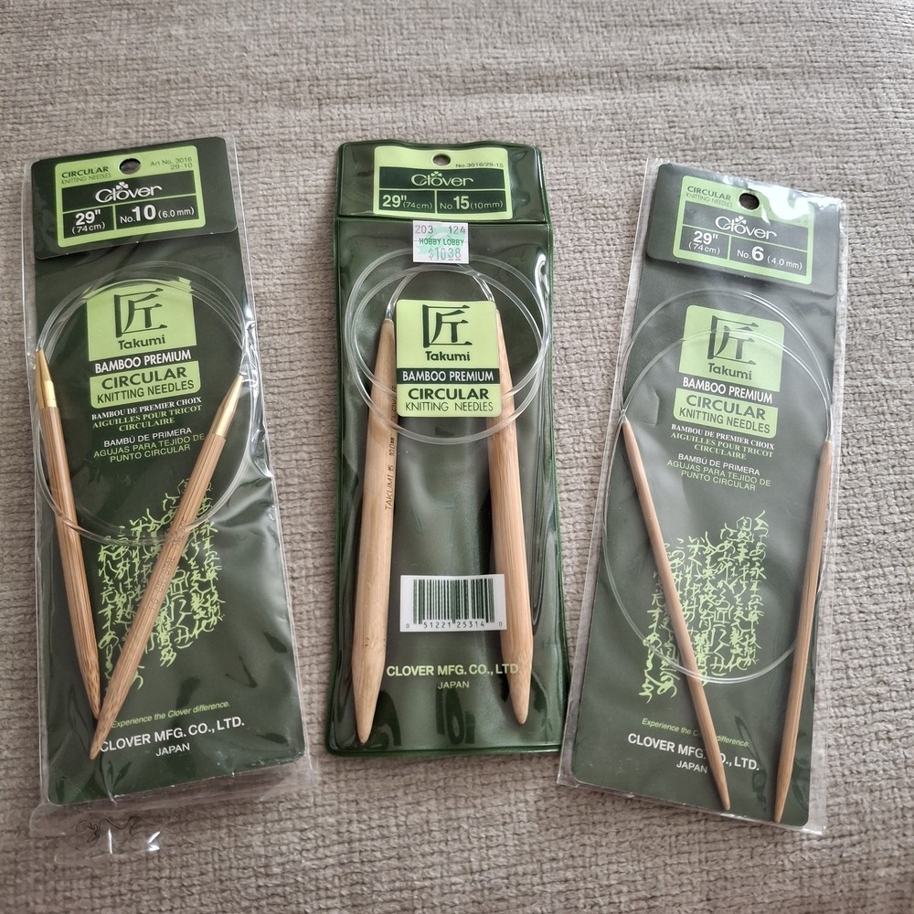 Clover Takumi 29" Bamboo Circular Knitting Needles Size No. 15, 10 and 6 Lot 3
